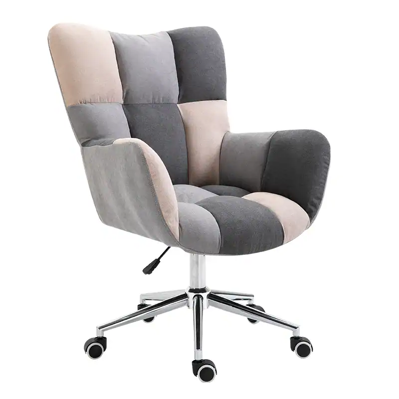Comfortable patchwork upholstered executive office chair with adjustable height and rolling casters for ergonomic workspace seating.