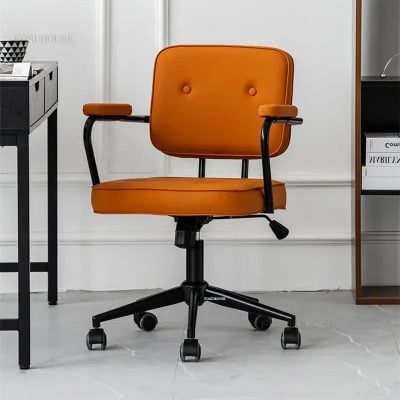 Stylish orange ergonomic office chair with adjustable height and swivel base, ideal for professional workspaces, study desks, and modern offices. Perfect for improved posture and comfort.