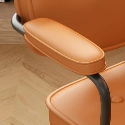 Elegant orange chair with padded armrest, designed for comfort and style, ideal for reception areas, waiting rooms, or modern office spaces.