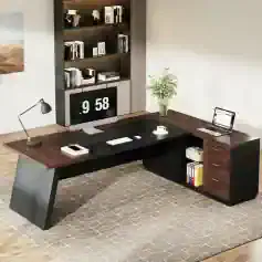 Sleek black and wood office desk with built-in drawers, shelves, and a large workspace perfect for professional environments and home offices. Featuring a computer, lamp, and decor.