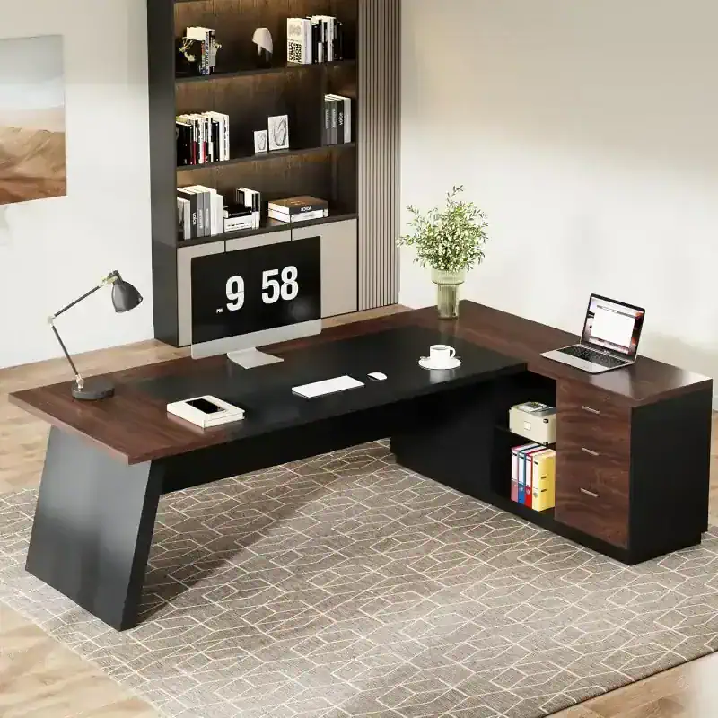 Sleek black and wood office desk with built-in drawers, shelves, and a large workspace perfect for professional environments and home offices. Featuring a computer, lamp, and decor.