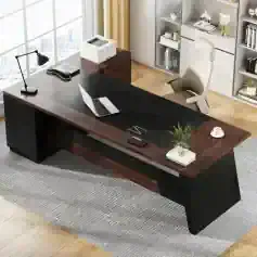 Stylish office desk for professional workspace, featuring a sleek black surface, wooden accents, and ample space for computers, documents, and accessories. Perfect for boosting productivity.