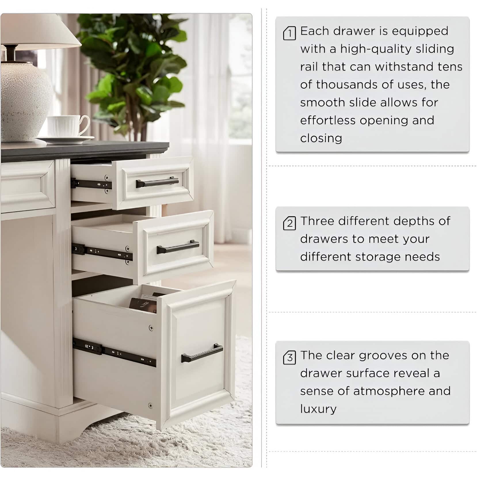 High-quality white drawer storage with smooth sliding rails designed for durability and easy access for home or office organization.