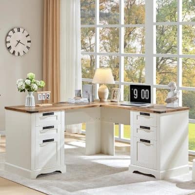 Bright workspace with white and wooden desk, large window, decorative items, flowers, lamps, digital clock, perfect for modern home or professional office setup.