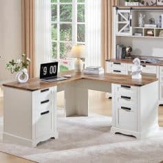 Elegant white desk with wooden top for home office, featuring multiple drawers, decorative sculptures, and a cozy ambiance with natural light. Perfect for productive workspace setups.