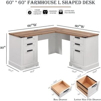High-quality farmhouse L-shaped desk with spacious drawers for medical and office organization. Durable wood top, perfect for healthcare or workspace setups, easy to assemble.