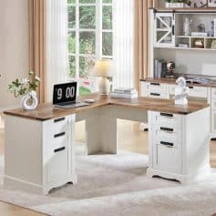 60" L-Shaped Farmhouse Executive Desk with Drawers and Charging Station