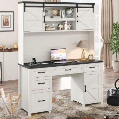 A stylish white office desk with black accents, featuring multiple drawers and a functional workspace perfect for home or professional offices.