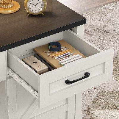 Open white desk drawer filled with glasses, notebooks, and a smartwatch, exposing organized workspace essentials suitable for optometry offices or eyewear retail shops.