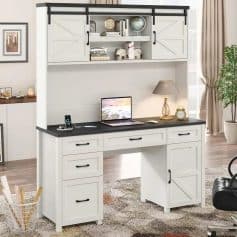 Smart home office desk with storage, perfect for work or study, featuring modern design, white finish, and black hardware for a sleek look, ideal for organized living spaces.