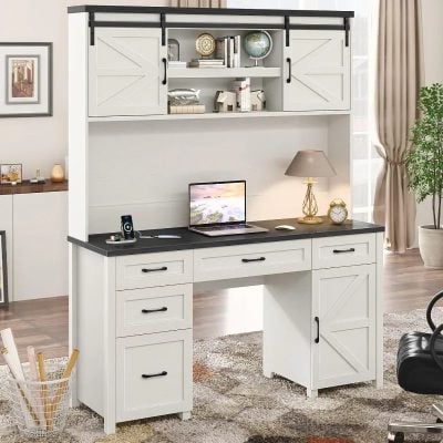 Smart home office desk with storage, perfect for work or study, featuring modern design, white finish, and black hardware for a sleek look, ideal for organized living spaces.
