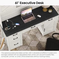 Stylish 61-inch executive desk with storage drawers, adjustable shelf, perfect for organizing office essentials like computer, printer, and documents. Modern, functional workspace solution.