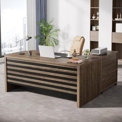 62.2" L-Shaped Executive Desk with Mobile File Cabinet and Storage Shelves