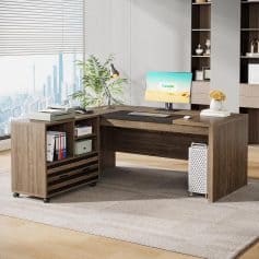 A professional office workspace featuring a stylish wooden desk, desktop computer, office supplies, and organized shelves, ideal for eye care and optical businesses.