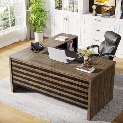 Elegant workspace desk for professional offices, featuring sleek wood finish and contemporary design. Perfect for executive workspaces, providing ample surface area for office essentials.
