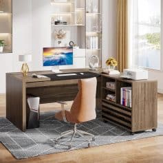 Elegant office workspace with a wooden desk, ergonomic chair, monitor, and organized shelves, perfect for professional environments.