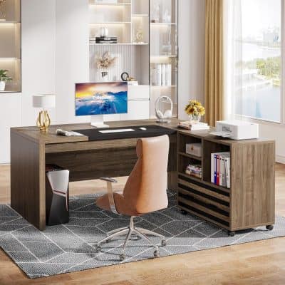 Elegant office workspace with a wooden desk, ergonomic chair, monitor, and organized shelves, perfect for professional environments.
