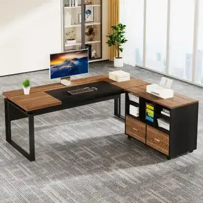 Stylish office desk with wooden and black metal design, perfect for contemporary workspaces and executive offices.