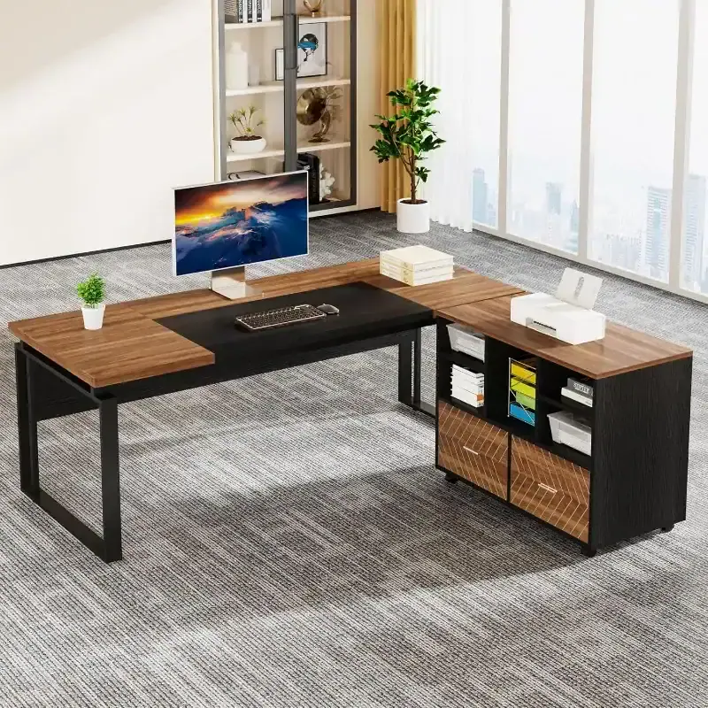 Stylish office desk with wooden and black metal design, perfect for contemporary workspaces and executive offices.
