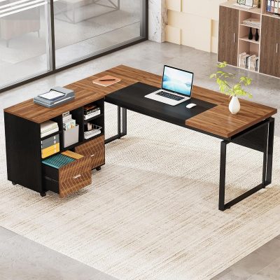 Stylish office desk featuring a wooden surface, black metal legs, and built-in storage drawers ideal for workspace organization and office decor.