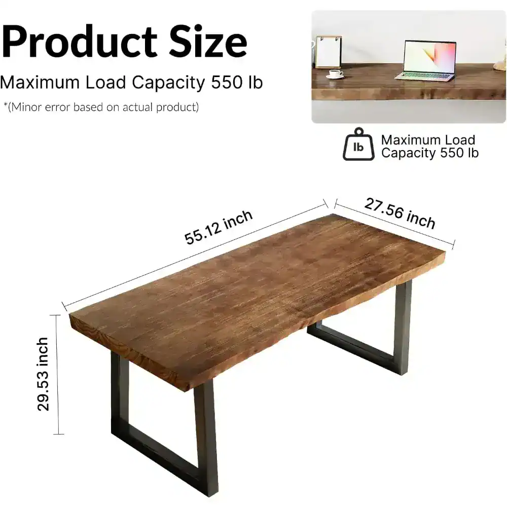 Elegant rustic wooden desk ideal for home office or workspace. Durable steel frame supports up to 550 lbs, with spacious dimensions of 55.12” x 27.56” x 29.53”. Perfect for professional or personal use.