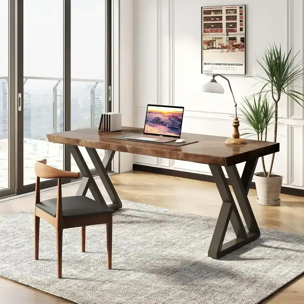 Elegant workspace featuring a wooden desk, ergonomic chair, and stylish decor, ideal for productivity and comfort.