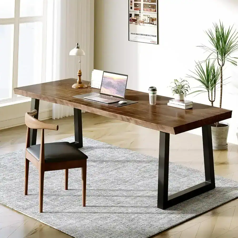 Elegant office desk with wooden surface, black metal legs, ideal for professional workspace and home office setups.