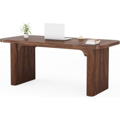 Stylish wooden office desk with a smooth finish, perfect for professional workspaces and home offices, providing ample space for laptops, documents, and organization.