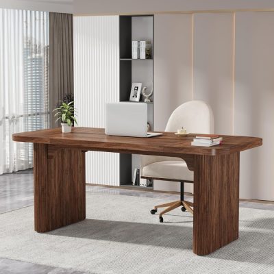 Stylish wooden office desk with a sleek white ergonomic chair, set in a contemporary workspace featuring modern shelving and natural light for optimal productivity.