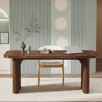 Stylish wooden office desk in a contemporary workspace with decorative vases, open book, and laptop, ideal for professional or home office setup.