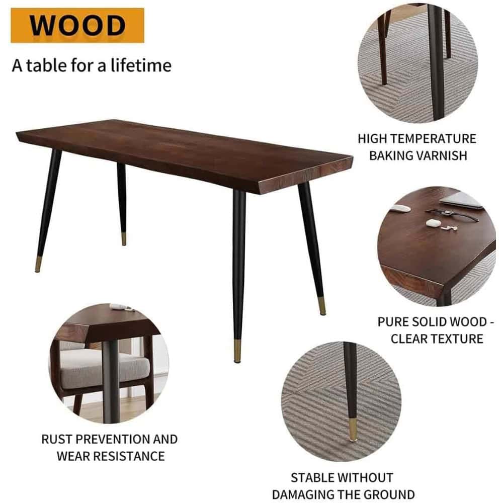 Elegant solid wood dining table with high-temperature baking varnish and rust-resistant black tapered legs. Perfect for modern interiors, durable, and stylish with a clear textured surface.