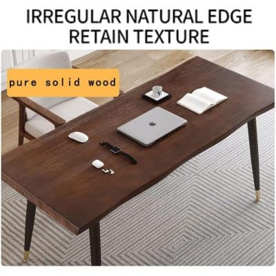 Stylish, solid wood desk featuring natural irregular edge, retain texture, perfect for modern offices, workspaces, and home offices. Made from pure solid wood for durability and aesthetic appeal.