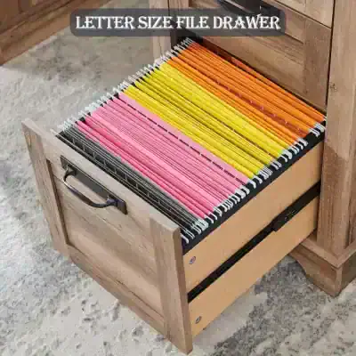 Colorful letter size file folder drawer organized for office or home filing systems. Durable wooden furniture with easy pull handle, ideal for document storage and efficient office organization.