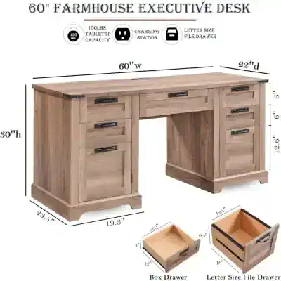 Premium farmhouse executive desk with ample storage, file drawers, and rustic charm for modern offices.