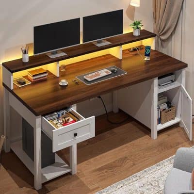 Farmhouse Computer Desk with Drawers and Built-In Monitor Stand