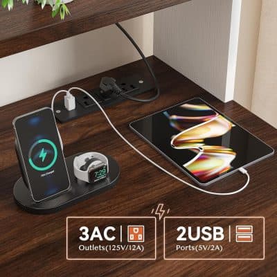 Wireless charging station for tablets, smartphones, and smartwatches with multiple USB and AC power outlets. Perfect for office or home use, compatible with various devices, ensuring rapid and efficient charging.