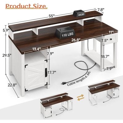 Stylish office desk featuring a spacious dark wood tabletop, overhead shelf, with white frame and storage cabinet, perfect for modern workspaces, offering durability and ample storage.
