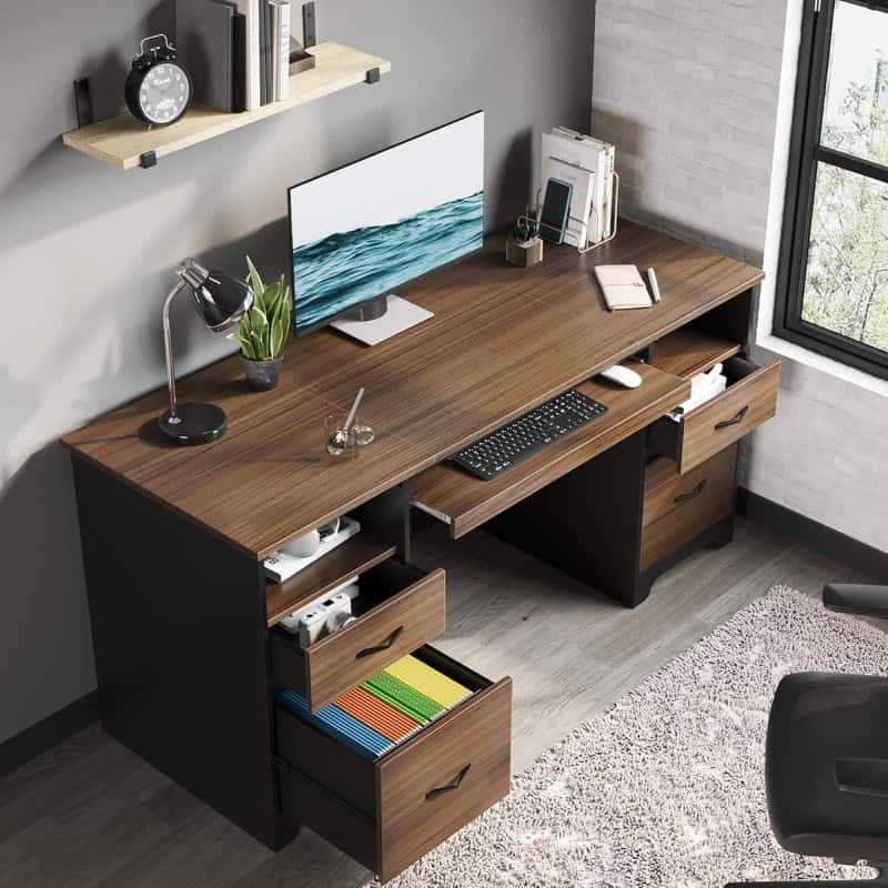 Stylish office desk featuring a sleek computer monitor, ergonomic keyboard, desk lamp, and organized drawers, perfect for a productive workspace in a contemporary home or office setting.