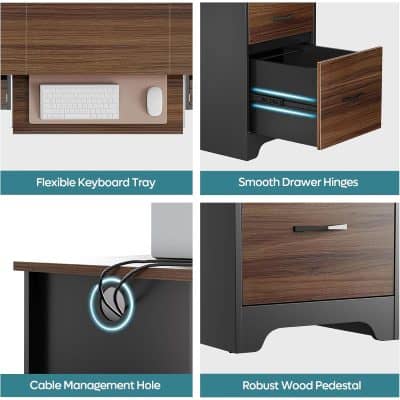 High-quality office furniture with flexible keyboard tray, smooth drawer hinges, cable management hole, and sturdy wood pedestal for professional workspace organization.