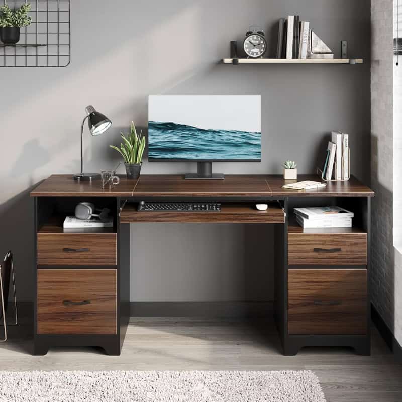 A stylish office desk featuring sleek wood finish, organized workspace with monitor, books, plants, and stylish decor. Perfect for a contemporary home or professional workspace.