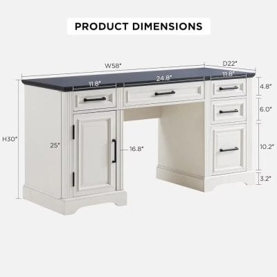 Elegant white office desk with multiple drawers and storage cabinets, ideal for home or professional workspace. Features detailed dimensions for perfect fit and functional storage solutions.