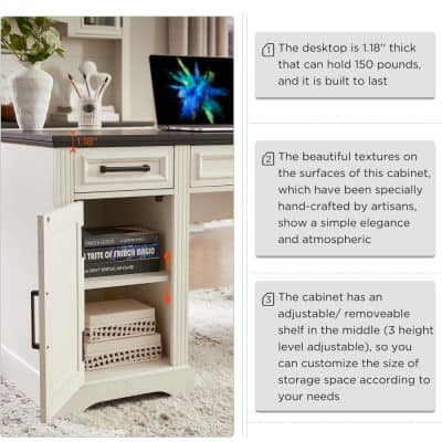 Modern white desk with black countertop, featuring hand-crafted textures and an adjustable shelf, perfect for home office or living room decor. Durable, stylish, and customizable storage solution.