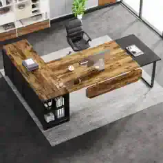 Contemporary office desk made of natural wood with black shelving, ideal for professional work environments, featuring ample surface space and storage for an efficient office setup.