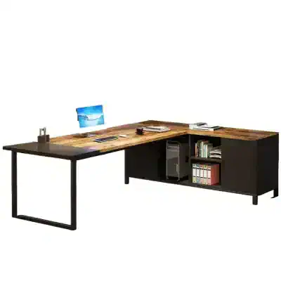 Stylish office desk featuring a spacious wooden tabletop, integrated storage with shelves and cabinetry, perfect for professionals seeking functional and elegant workspace solutions.