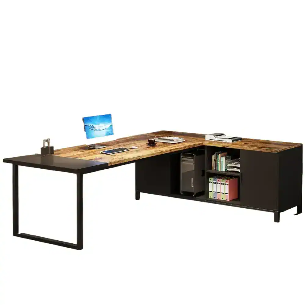 Stylish office desk featuring a spacious wooden tabletop, integrated storage with shelves and cabinetry, perfect for professionals seeking functional and elegant workspace solutions.