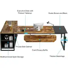 Optical office desk with thick tabletop, rustic brown and black finish, MDF wood, and sturdy metal legs, ideal for professional workspaces or home offices.