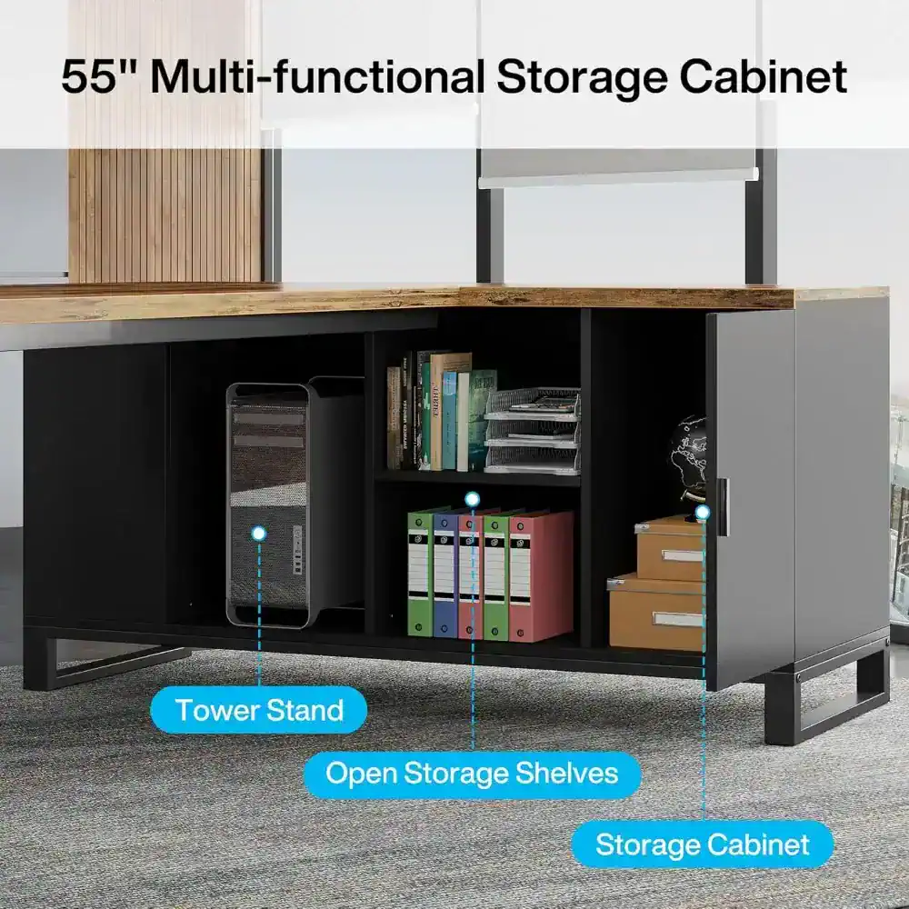 Stylish 55" multi-functional storage cabinet ideal for office or retail space organization, offering ample open shelves and a tower stand for versatile storage solutions.
