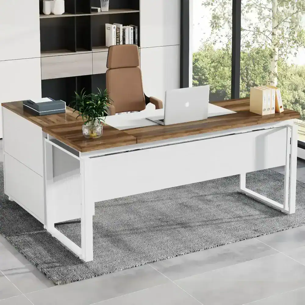 Modern office desk for professional workspace with wood top and white frame, ideal for corporate or home offices, featuring sleek design and ample surface area for productivity.