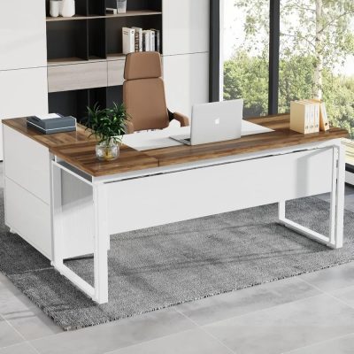 Contemporary office desk with white frame and wooden top, ideal for professional workspace, featuring sleek design, ample surface area, and ergonomic comfort, suitable for clinics and corporate offices.