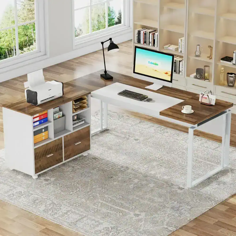 Versatile home office desk featuring ample storage, a large workspace with wood accents, ideal for productivity and organization, perfect for home or professional use.